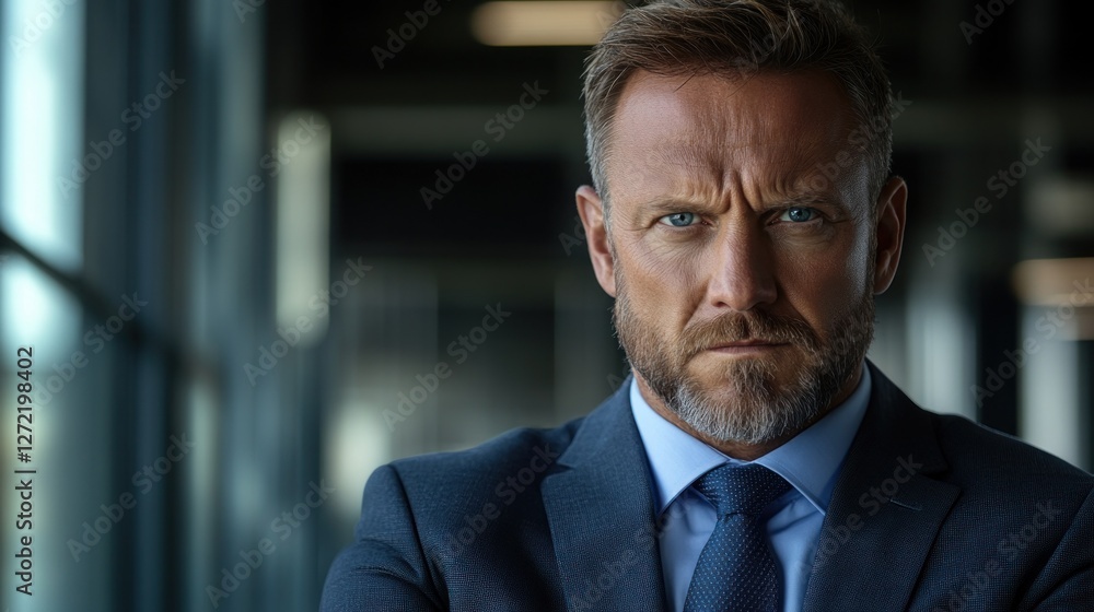 Fototapeta premium Business executive with intense expression wearing suit in modern office environment during daytime