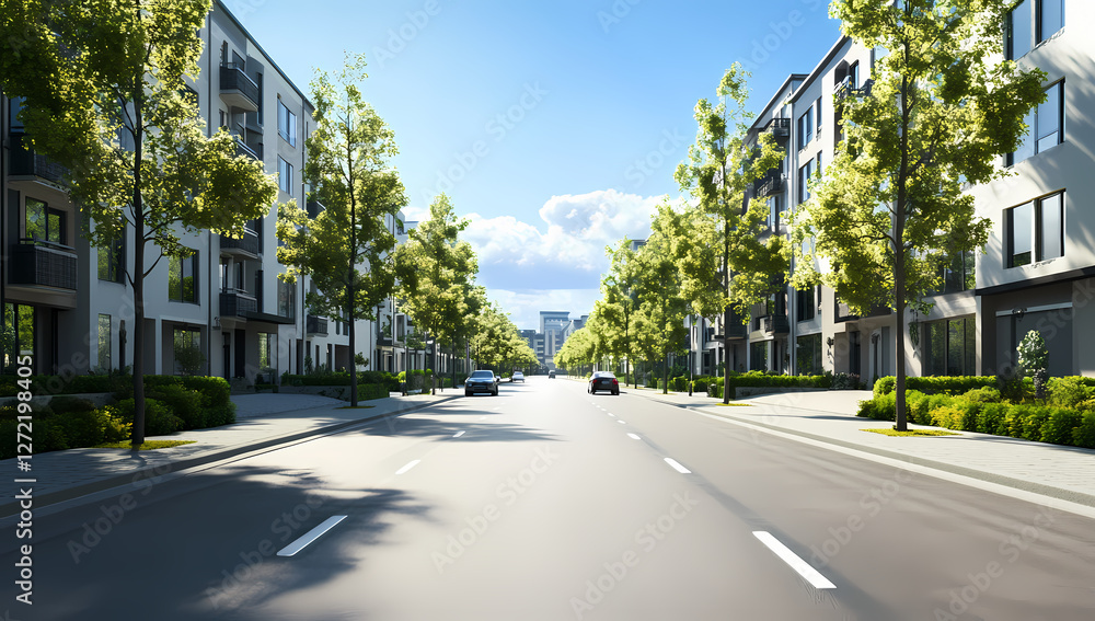 A straight road leading to modern apartment buildings with trees on both sides, a real estate exterior design A straight road leading to modern apartment buildings with trees on both sides, a real estate exterior design
