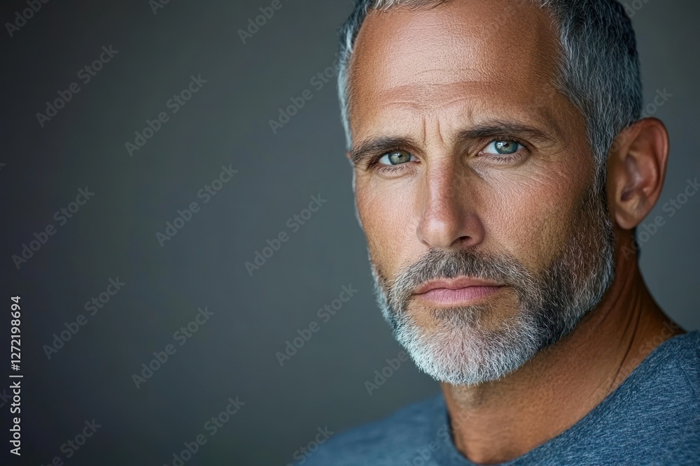 Obraz premium Mature man with gray hair and beard looking confidently into the camera in a studio setting