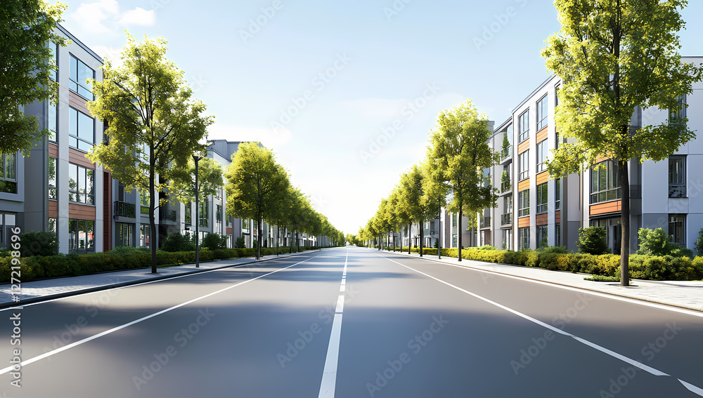 A straight road leading to modern apartment buildings with trees on both sides, a real estate exterior design A straight road leading to modern apartment buildings with trees on both sides, a real estate exterior design