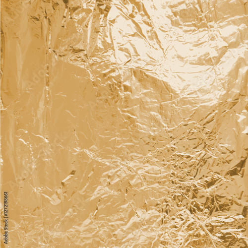 Golden foil wrinkled vector texture, realistic aluminum orange paper sheet, crumpled metallic background glister surface
