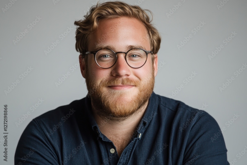 Young man with glasses smiles warmly against a neutral backdrop in a casual setting Young man with glasses smiles warmly against a neutral backdrop in a casual setting