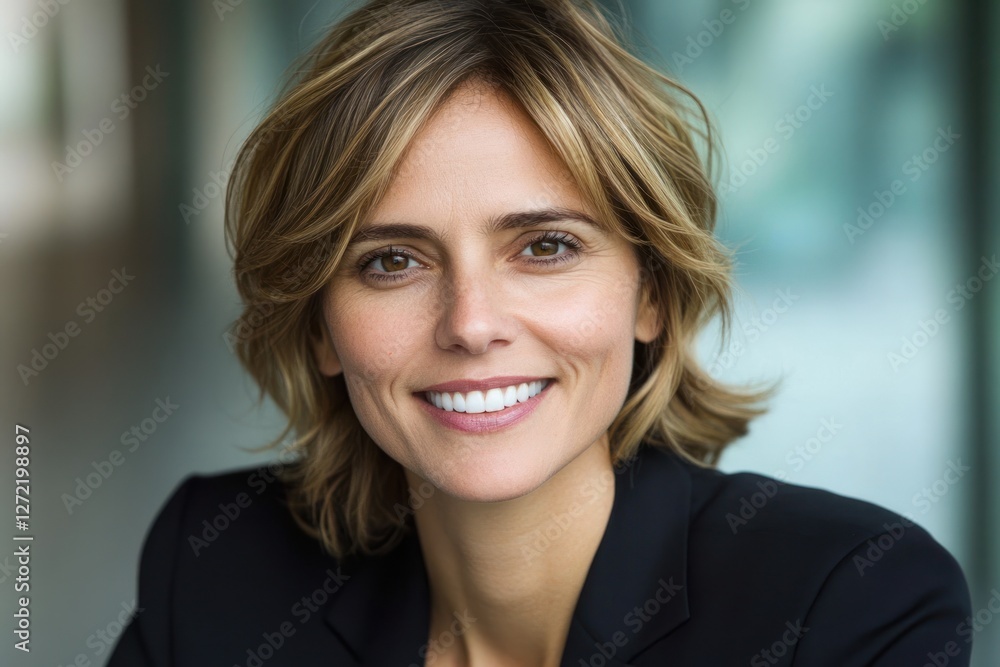 Confident professional woman smiling warmly in a modern office setting during daytime Confident professional woman smiling warmly in a modern office setting during daytime