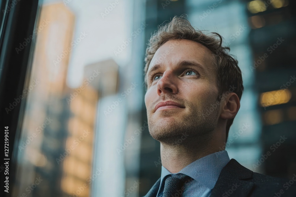 Young professional looking thoughtfully out of a window in a modern urban office setting Young professional looking thoughtfully out of a window in a modern urban office setting