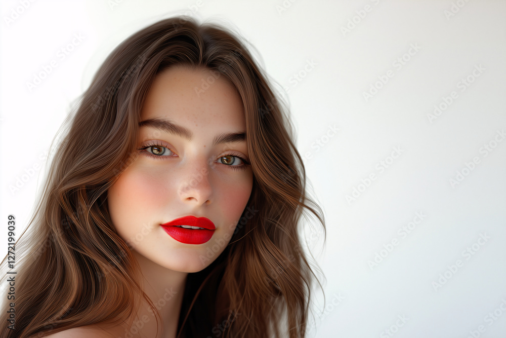 Elegant Beauty Portrait of a Woman with Wavy Hair and Red Lips Against a Minimalist Background Elegant Beauty Portrait of a Woman with Wavy Hair and Red Lips Against a Minimalist Background
