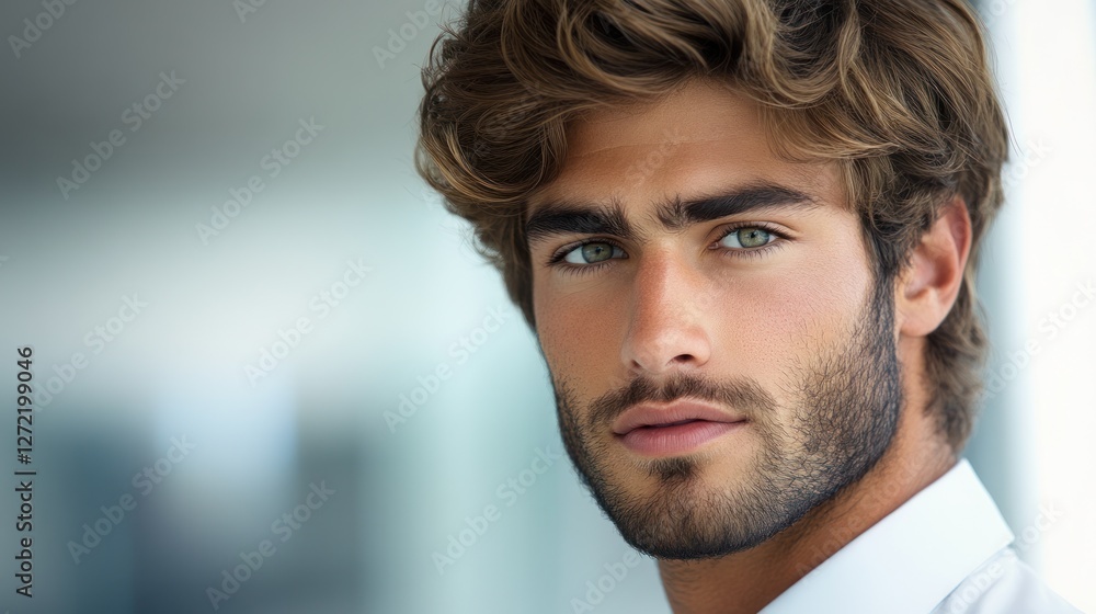 Obraz premium Young man with stylish hair and piercing eyes posing in a bright indoor setting