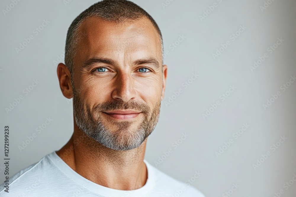 Fototapeta premium Smiling man with short beard and blue eyes posing in a casual white t-shirt against a light background