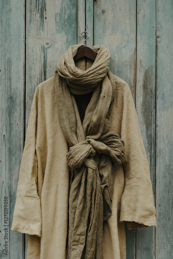 A beige scarf hanging on a wooden door A beige scarf hanging on a wooden door