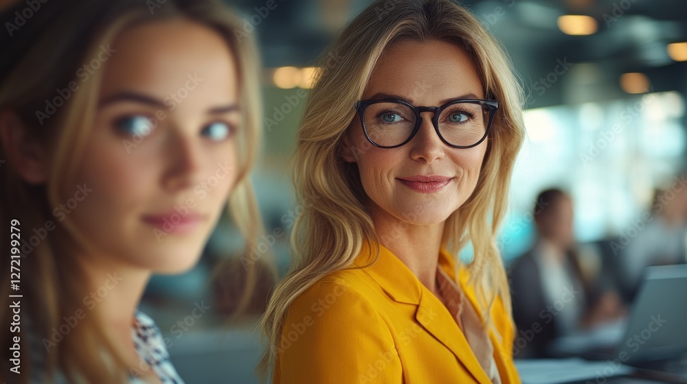 Fototapeta premium Two women engaged in conversation at a modern office environment during the day
