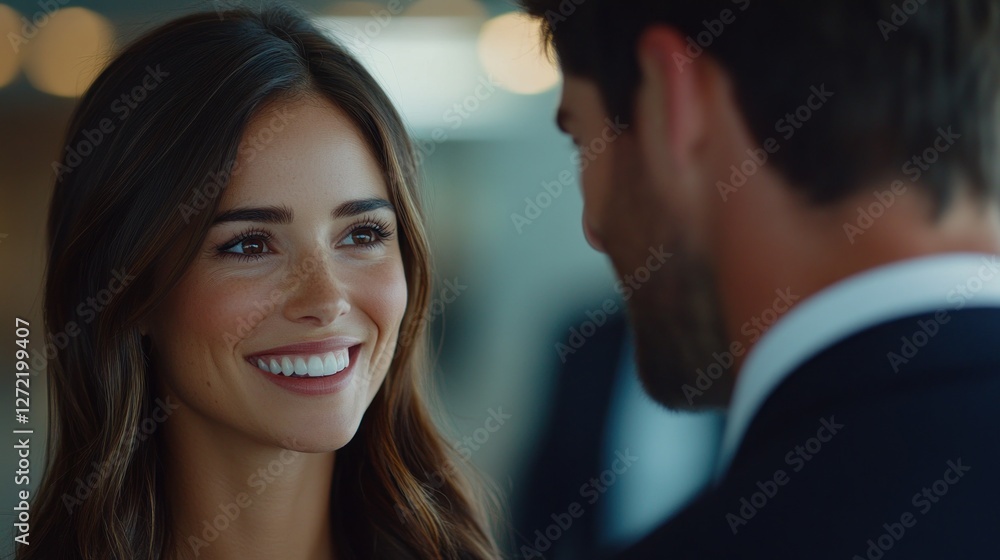 Smiling woman engages in conversation with a man in a modern setting during evening event Smiling woman engages in conversation with a man in a modern setting during evening event