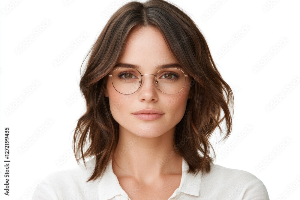 Woman wearing glasses and a white top with soft waves in hair poses confidently against a light background Woman wearing glasses and a white top with soft waves in hair poses confidently against a light background