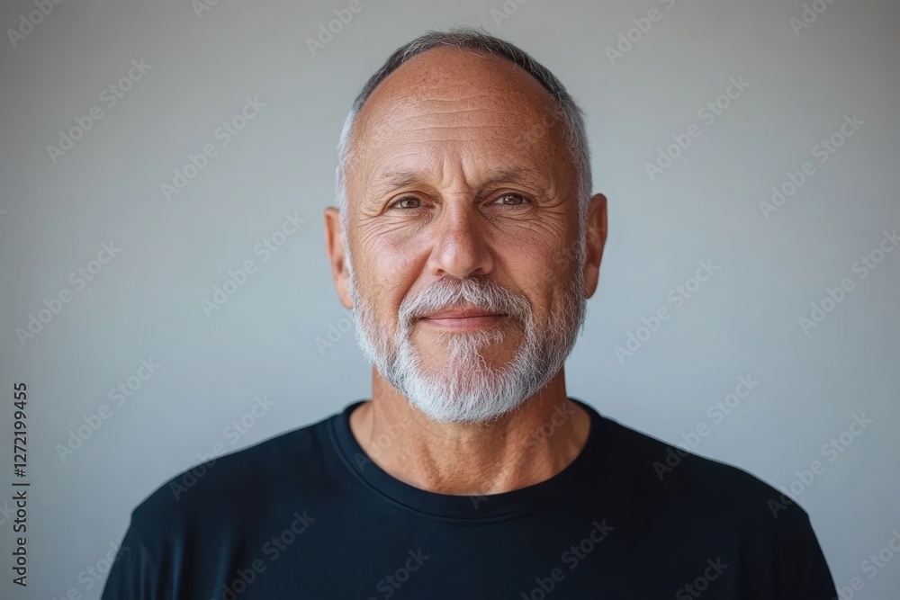 Elderly man with a gray beard wearing a black shirt poses against a neutral background Elderly man with a gray beard wearing a black shirt poses against a neutral background