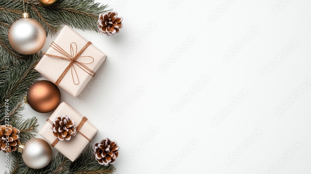 Christmas decorations include gifts pine branches and ornaments on white Christmas decorations include gifts pine branches and ornaments on white