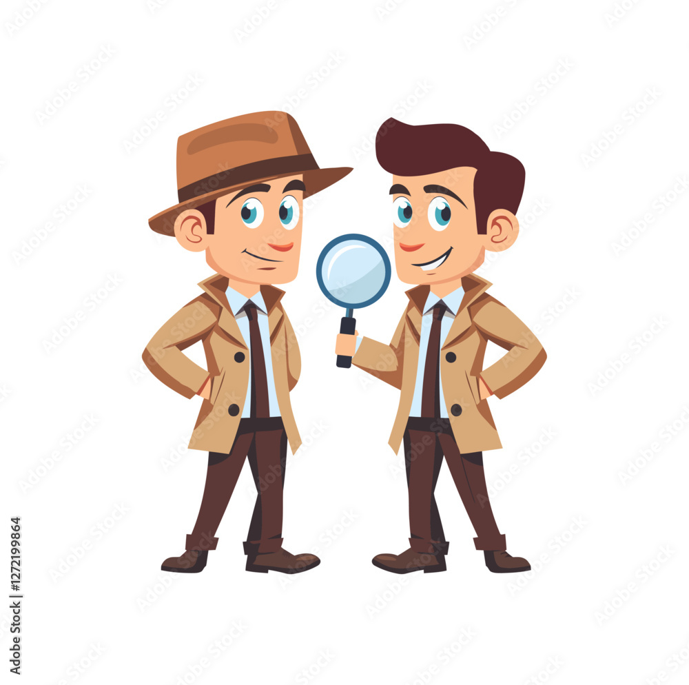 Vector illustration of two cartoon detective characters wearing trench coats and hats, one holding a magnifying glass. Perfect for mystery, investigation, crime-solving, and detective themes. Vector illustration of two cartoon detective characters wearing trench coats and hats, one holding a magnifying glass. Perfect for mystery, investigation, crime-solving, and detective themes.