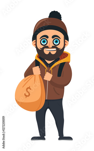 Cartoon-style robber with a brown money bag, dressed in a hoodie and hat. Ideal for concepts like crime, theft, security, and risk in financial or security-related themes