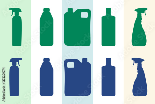 Set of silhouettes of car cleaning products. Forms of containers of cleaning products in different colors.