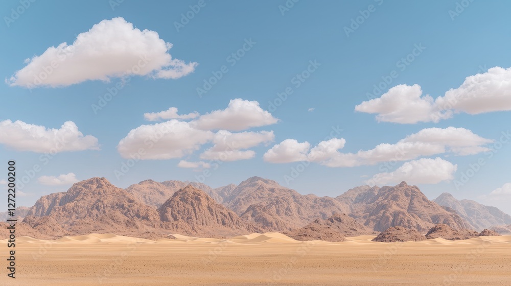 Naklejka premium Stunning Desert Landscape with Rocky Mountains and Fluffy Clouds Under a Clear Blue Sky
