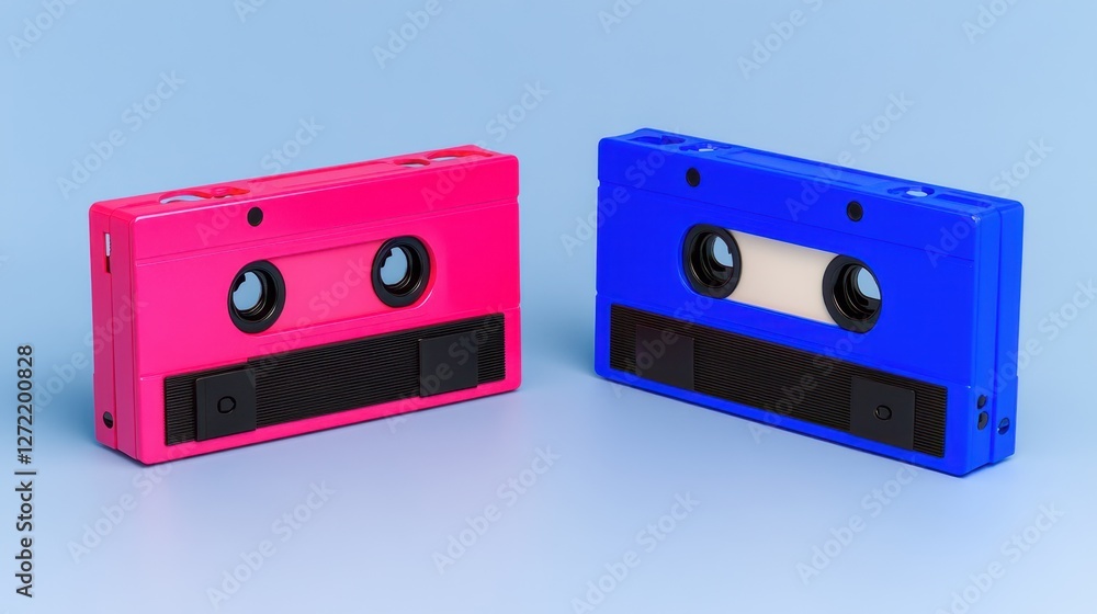 Obraz premium red and blue cassette. Nostalgia of the 90s. Audio cassette for listening to music. closeup and top view