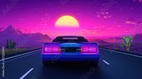 Mounting vibes 80s style illustration with retro car driving into the sunset. Back car view