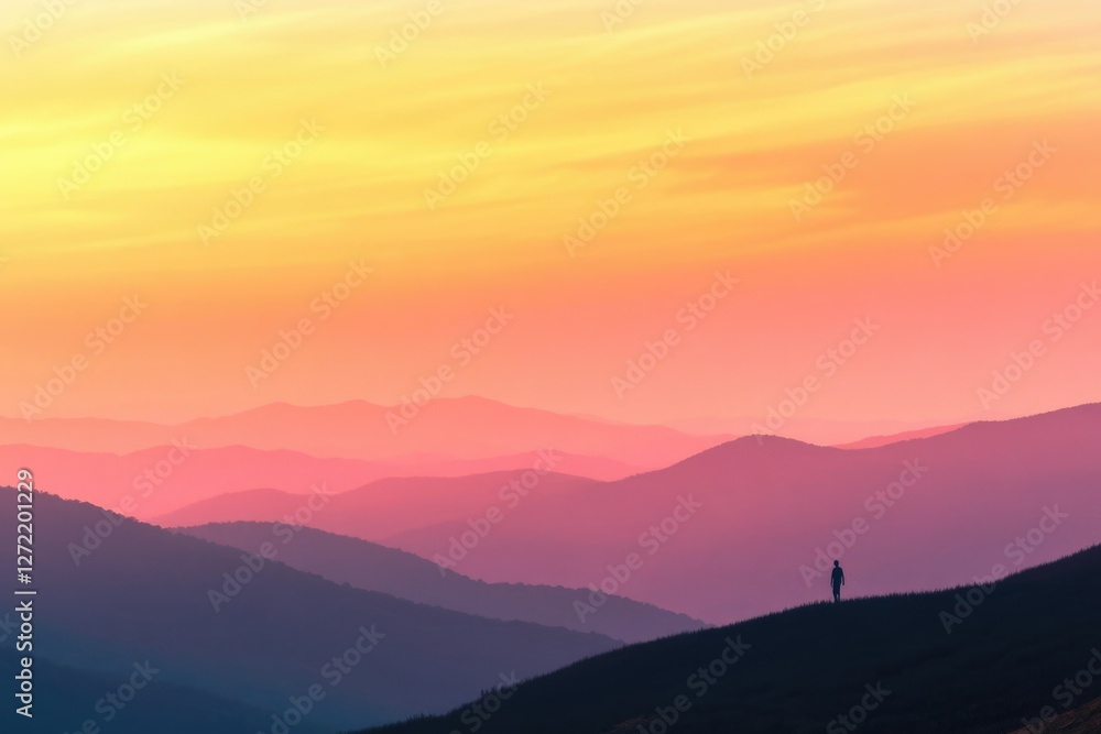 Fototapeta premium A solitary figure silhouetted against a vibrant sunset over layered mountains, evoking serenity and vastness.