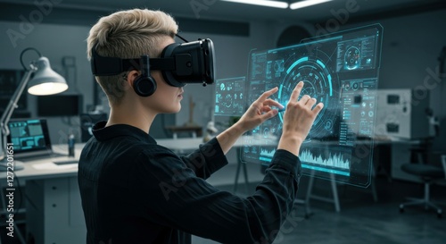 Virtual reality and augmented reality are integrated into a digital workflow, with a user experiencing how these technologies shape the future of tech. photo