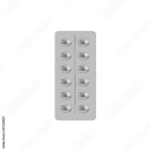 Pills blister pack, 3D vector realistic oval tablet drugs or capsules medicine metallic package, pharmaceutical product