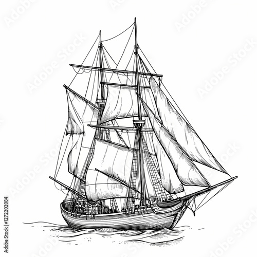 Wallpaper Mural Hand-drawn vintage sailboat with full sails sailing on the sea, vector illustration in an engraving style Torontodigital.ca