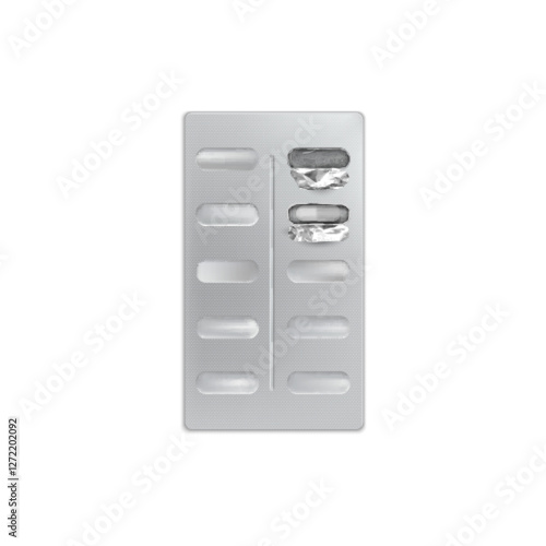 Pills blister pack with two opened dosage, 3D vector metallic tablet drugs or capsules medicine package, pharmaceutical