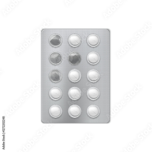 Pills blister pack 3D vector icon, transparent package containing round white tablets, four empty dosage, medicine drugs