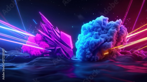 Dynamic 90s Arcade Sci-Fi Vibe pixelated explosions of geometric shapes, neon streaks, and flashing lights.