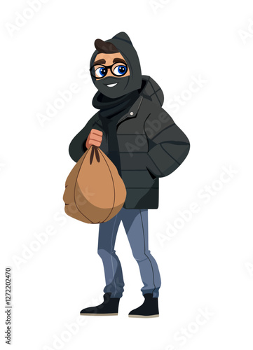 Vector illustration of a masked thief wearing a black hoodie, jeans, and gloves, holding a sack. Represents crime, burglary, robbery, stealth, and danger. Perfect for crime and security themes.