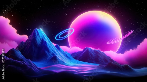 Retro Futuristic Sci-Fi Vibes bold shapes floating over a glowing pink and purple neon planet.