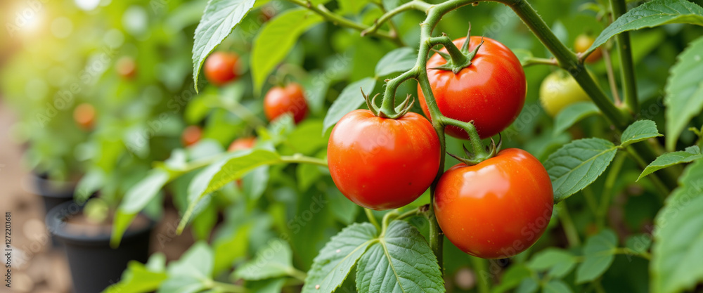 Ripe red tomatoes surrounded by vibrant green leaves convey a sense of freshness and abundance, growing in a lush garden setting with soft sunlight illuminating the scene Ripe red tomatoes surrounded by vibrant green leaves convey a sense of freshness and abundance, growing in a lush garden setting with soft sunlight illuminating the scene