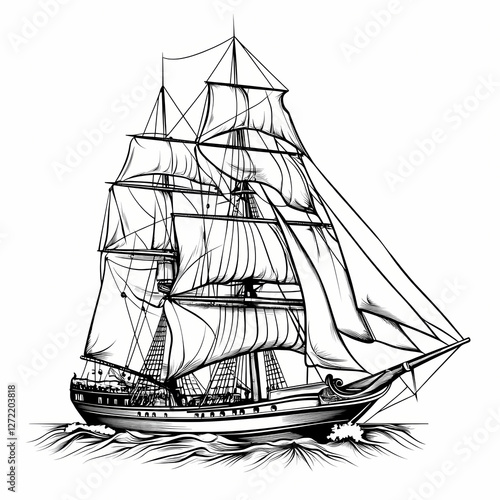 Wallpaper Mural Hand-drawn vintage sailboat with full sails sailing on the sea, vector illustration in an engraving style Torontodigital.ca