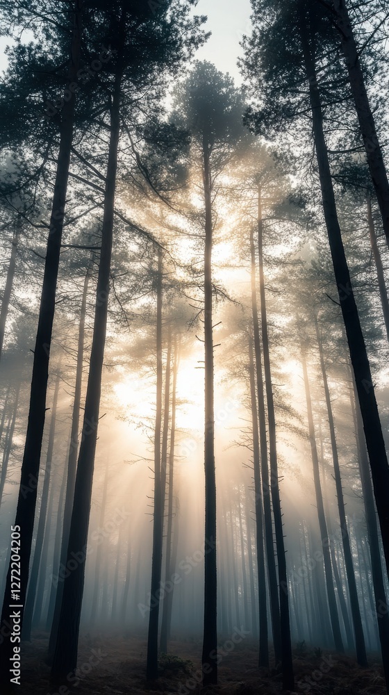Autumn Forest Magic, Minimalist Scene with Fog and Sunbeams