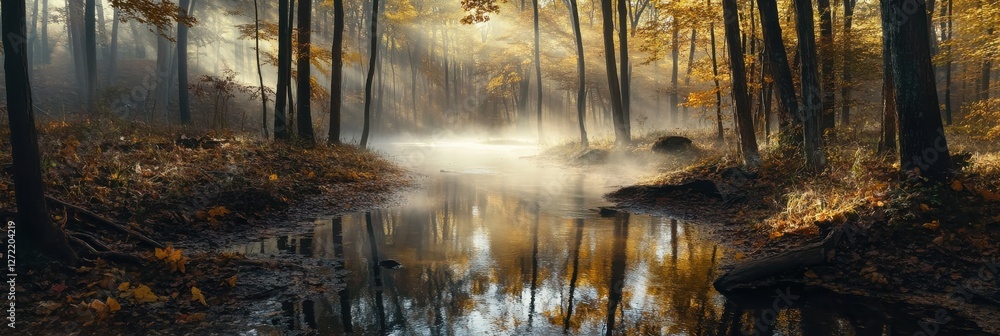Autumn Forest Magic, Minimalist Scene with Fog and Sunbeams