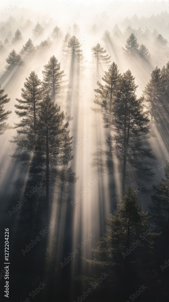 Autumn Forest Magic, Minimalist Scene with Fog and Sunbeams