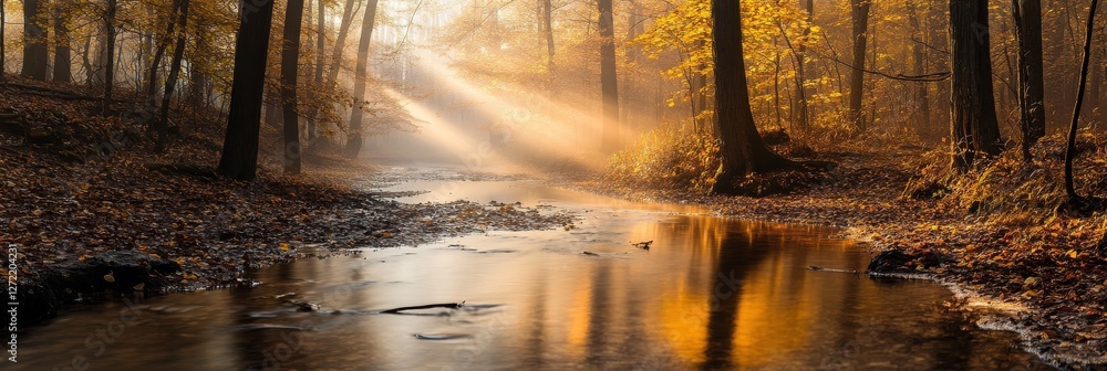 Autumn Forest Magic, Minimalist Scene with Fog and Sunbeams