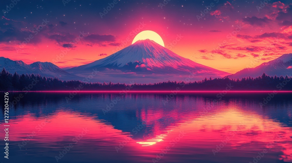 Landscape Fujiyama mountain Japan in vapor wave synth background , ai generative. Vaporwave. Illustration Landscape Fujiyama mountain Japan in vapor wave synth background , ai generative. Vaporwave. Illustration