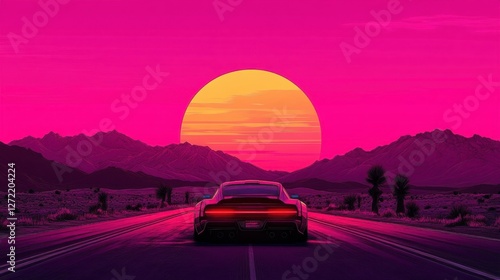 80s synthwave styled landscape with road and modern car