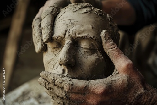 A sculptor's hands carefully shape a clay head, bringing a human face to life.