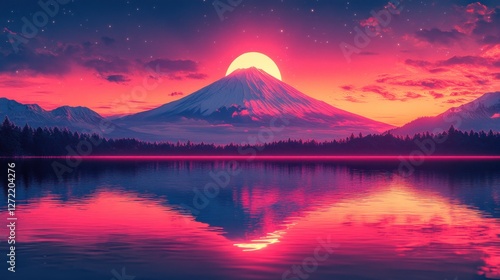 Landscape Fujiyama mountain Japan in vapor wave synth background , ai generative. Vaporwave. Illustration