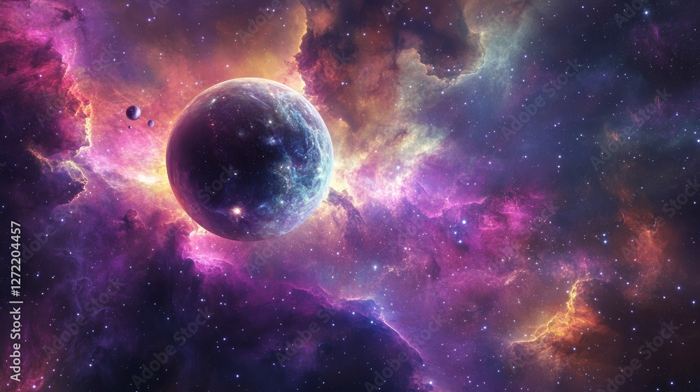Obraz premium Colorful space nebula with planet, cosmic landscape, scientific visualization