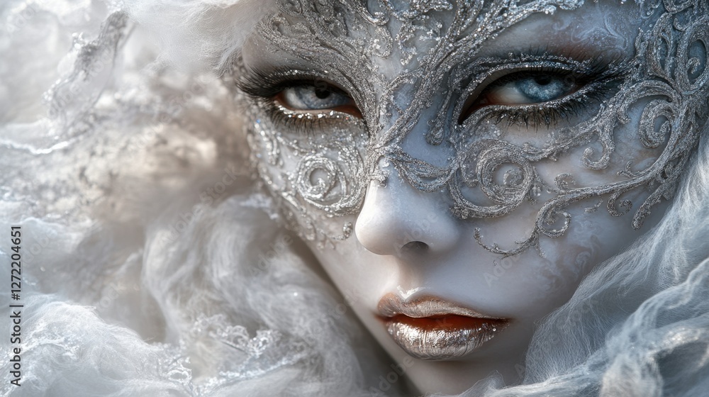 Hauntingly Beautiful Venetian Mask covered in silver dust, emerging from the mist Hauntingly Beautiful Venetian Mask covered in silver dust, emerging from the mist