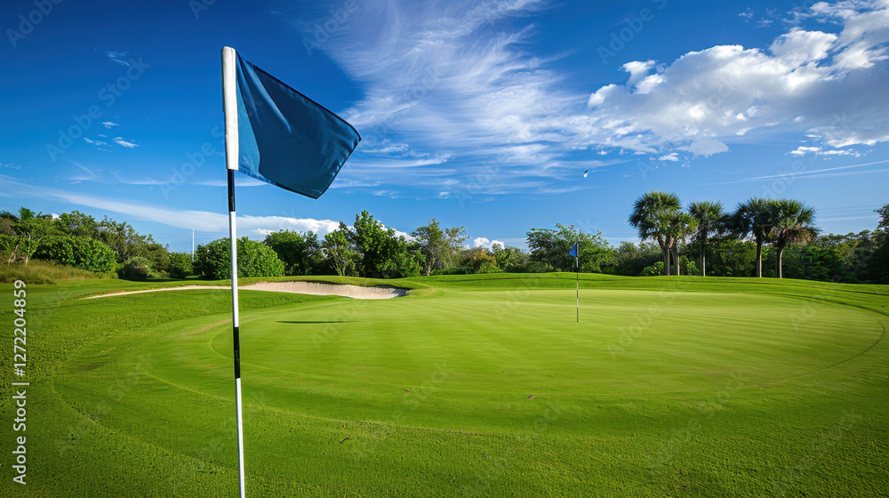 Obraz premium serene golf course scene featuring blue flag on green, surrounded by lush trees and sand trap under bright blue sky