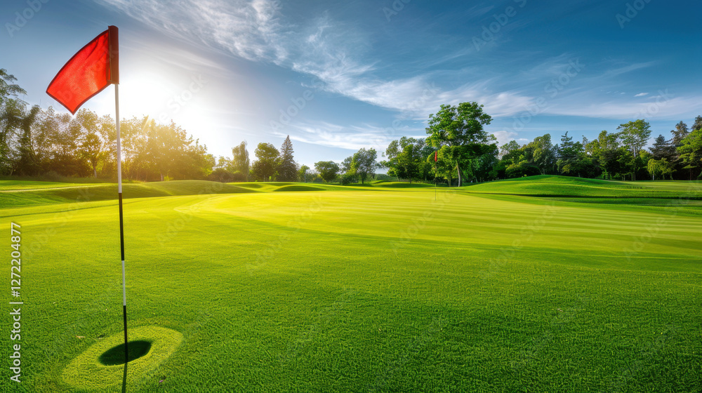 Obraz premium serene golf course landscape featuring flag on green, lush grass, and bright sky. scene evokes sense of tranquility and outdoor leisure