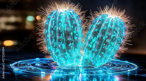   Green cacti on puddle with city backdrop photo