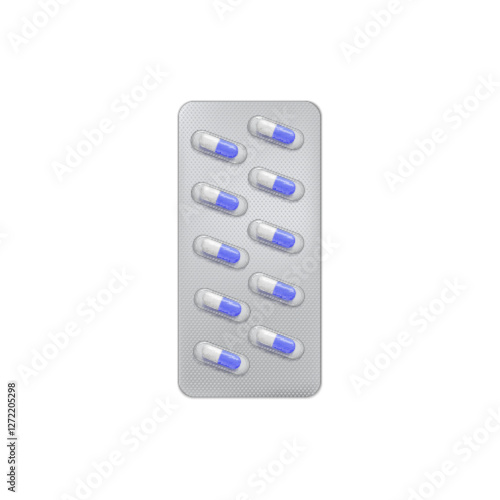 Pills blister pack 3D vector illustration, realistic metallic package for blue and white colors capsules medicine drugs