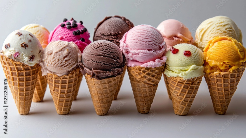 A vibrant array of delicious ice cream scoops in assorted flavors displayed in waffle cones. The sweet treats evoke joy and warmth, ideal for a summer celebration with loved ones A vibrant array of delicious ice cream scoops in assorted flavors displayed in waffle cones. The sweet treats evoke joy and warmth, ideal for a summer celebration with loved ones