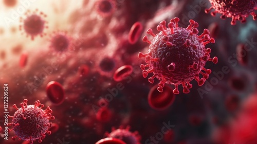 Close-up view of red blood cells and virus particles, illustrating blood and immune response in a biological context.